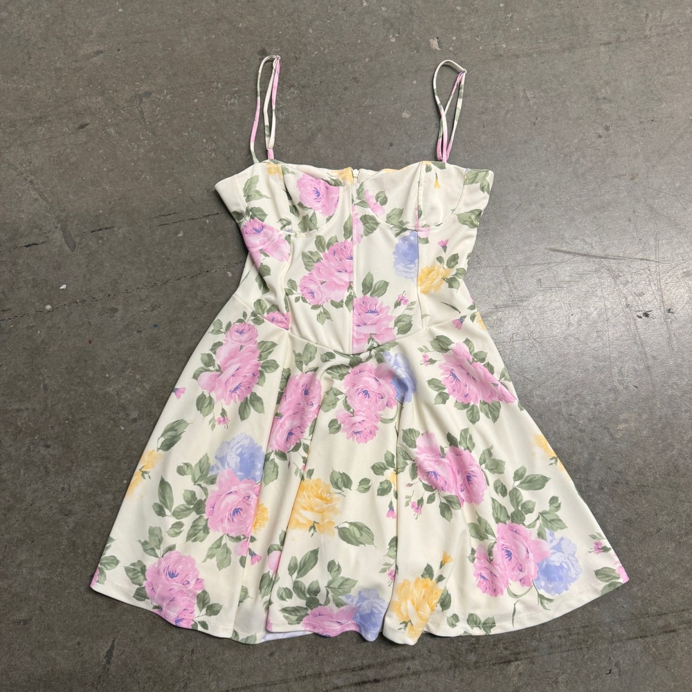 Zara Floral Bustier Mini Dress Cream Pink Yellow Blue Rose Print Summer Sz M
